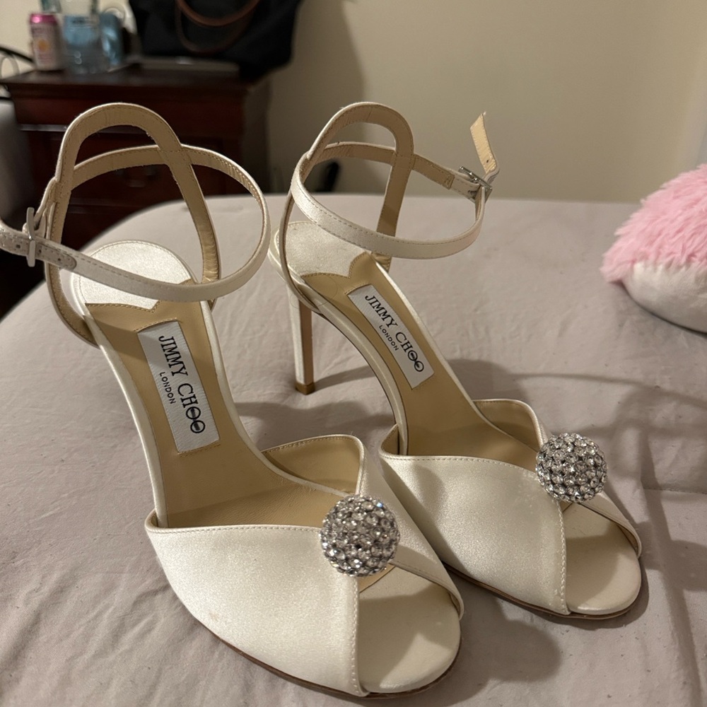 Jimmy Choo Ivory Satin Heels with Crystal Embellishment